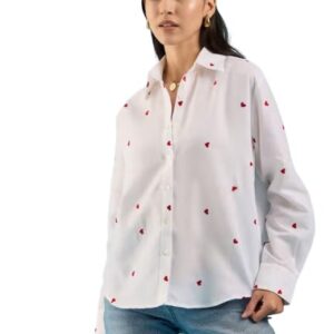 ROYALICA Women's Regular Fit Red Heart Printed Button Down Collar Casual White Shirt.