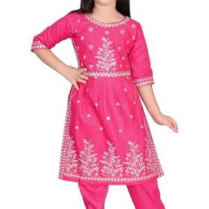 Girls Ethnic Cotton Kurta and Straight Pant Set with Silky Dupatta