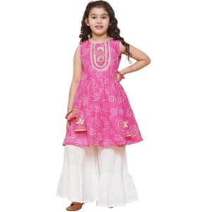 Pspeaches Girls Pink Floral Striped Pure Cotton Kurti With Patiala (Pink)