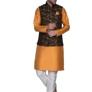 Ethluxis® Men's Silk Blend Kurta Churidar Pyjama with Ethnic Bundi Jacket Set