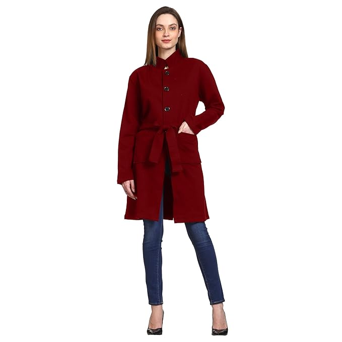 PoshBery Athena Women Maroon Solid Longline Overcoat
