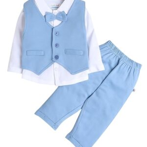 BUMZEE Powder Blue & White Boys Full Sleeves Shirt Waistcoat & Pant Set With Applique Bow