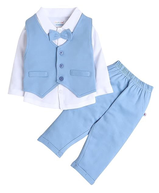 BUMZEE Powder Blue & White Boys Full Sleeves Shirt Waistcoat & Pant Set With Applique Bow