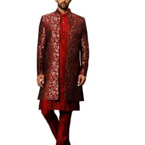 VASTRAMAY Rayon Men's Red Viscose Sherwani Set
