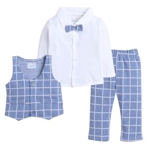 BUMZEE Beige & Navy Boys Full Sleeves Shirt Waistcoat & Pant Set with Applique Bow