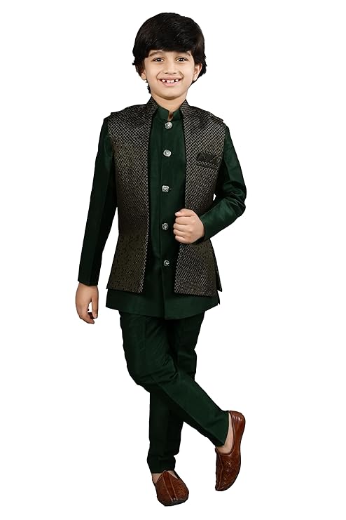 AHHAAAA Kids Ethnic Silk Blend Waistcoat, Kurta, Pyjama