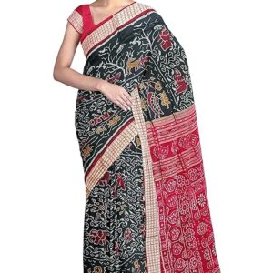OdiKala sambalpuri silk saree with blouse piece(Animal and flower design in black color base)