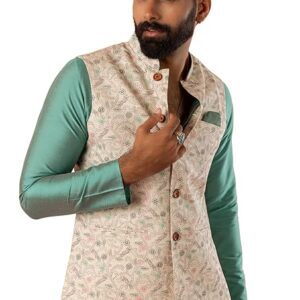 KISAH Men's Nehru Jacket, Black Jacquard, Floral Regular Fit Mandarin Collar Sleeveless